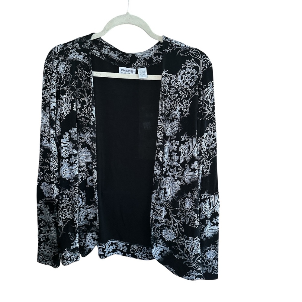 Chico's Travelers Black and White Open Cardigan